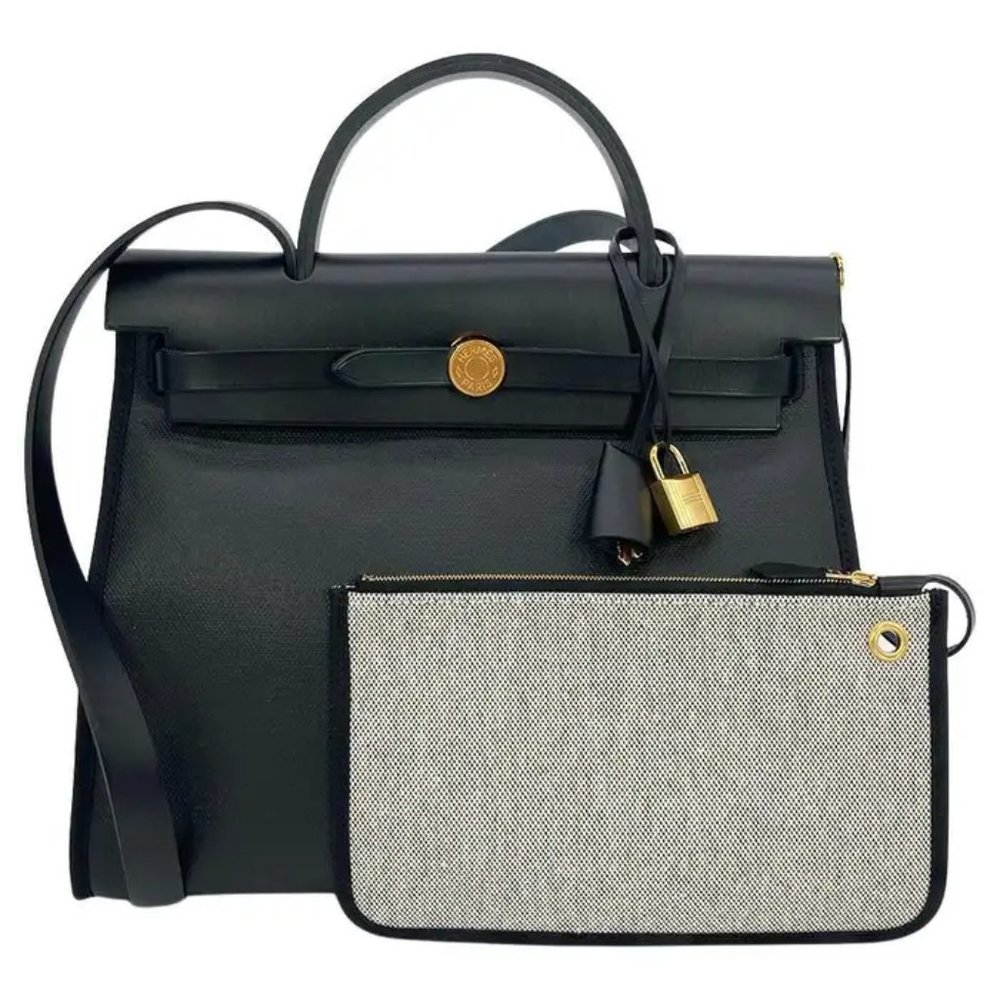 NEW Hermès Herbag Zip PM 31 Toile H Berline Vache Hunter Black Ecru - Picture 1 of 8